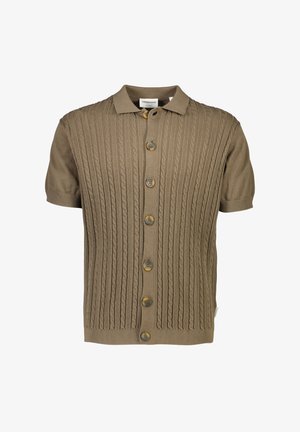 Korte mouwen cardigan in een bruin kabelbrei ontwerp, met een puntige kraag, vijf knopen en een geribbelde zoom. Zachte, gestructureerde stof.