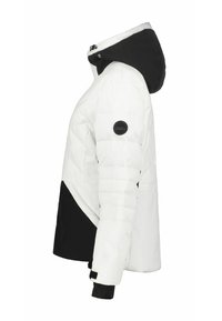 Veste rembourrée blanche avec des accents noirs, dotée d'une capuche, d'un écusson logo sur le côté et d'un design diagonal contrasté sur la partie inférieure.