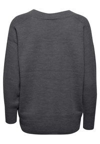 Pull en maille gris foncé avec manches longues, poignets côtelés et encolure arrondie, vu de dos.