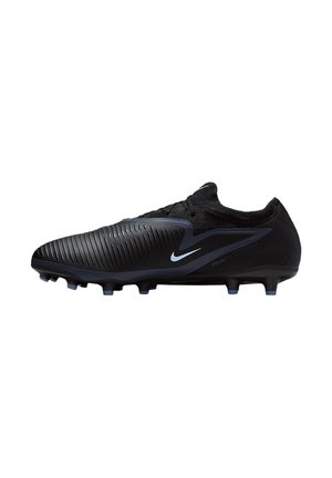 Black Nike Phantom Flyknit soccer cleat with textured upper and molded studs, designed for firm ground play.