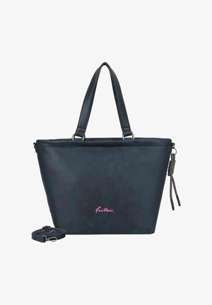 Sac fourre-tout en cuir synthétique bleu foncé avec deux poignées, une sangle ajustable et un logo rose. Dispose d'une fermeture éclair sur le dessus et d'un détail de pompon décoratif.