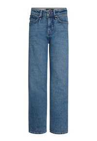 Jeans in denim azzurro chiaro con design a gamba dritta, dotati di chiusura a bottone, cinque tasche e cuciture visibili.