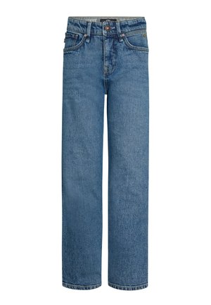 Jean en denim bleu clair avec une coupe droite, dotés d'une fermeture à bouton, de cinq poches et de coutures visibles.