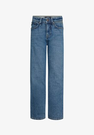 Sort bomulds t-shirt med et rundt logo på brystet, parret med blå denim jeans og hvide sneakers. Barn står foran en lys baggrund.