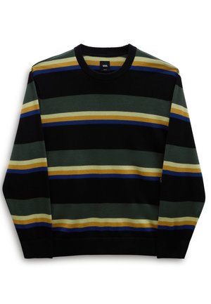 Pull à col rond avec des rayures horizontales en noir, vert foncé, beige, jaune moutarde et bleu, présenté à plat avec une étiquette Vans visible.