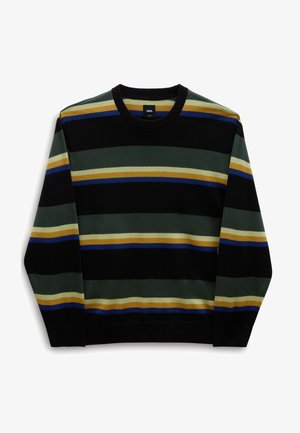 Pull à col rond avec des rayures horizontales en noir, vert foncé, beige, jaune moutarde et bleu, présenté à plat avec une étiquette Vans visible.