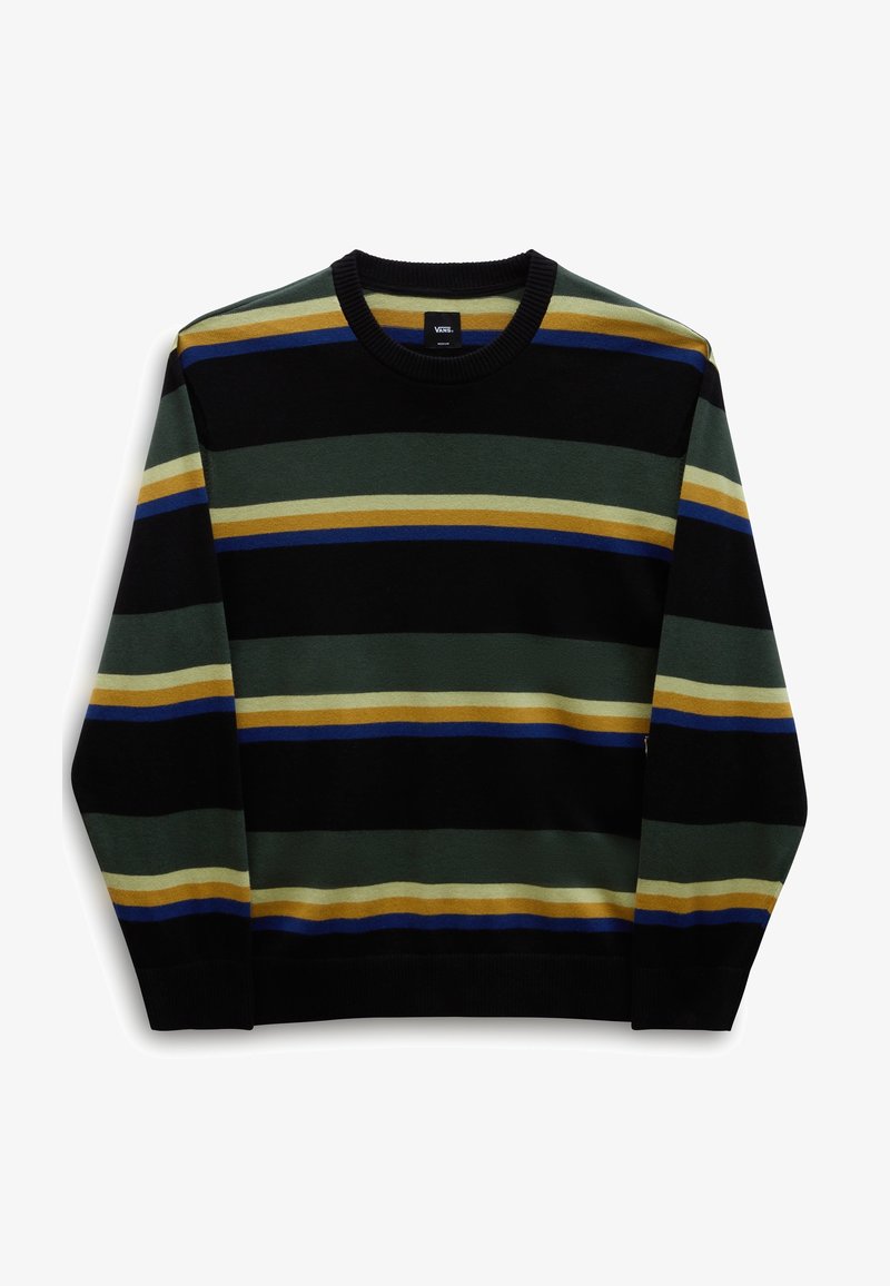 Pull à col rond avec des rayures horizontales en noir, vert foncé, beige, jaune moutarde et bleu, présenté à plat avec une étiquette Vans visible.