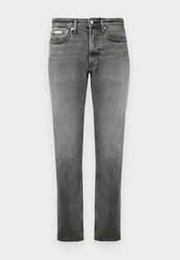 Straight-leg gray denim jeans with front pockets, belt loops, button closure, and subtle fading details.