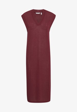 V-nyakú, ujjatlan ruha sötét bordó színben, puha kötött anyagból készült, egyenes szabású és térd hosszúságú dizájnnal.