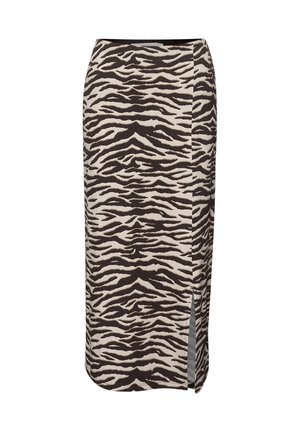 Falda lápiz con estampado de cebra en beige y negro, con una abertura lateral, talle alto y silueta ajustada.