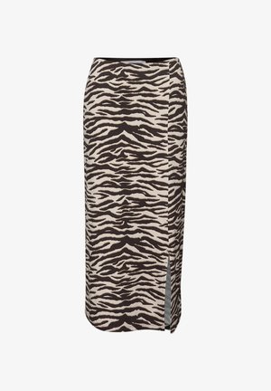 Beiger und schwarzer Bleistiftrock mit Zebramuster, seitlichem Schlitz, hoher Taille und figurbetonter Silhouette.