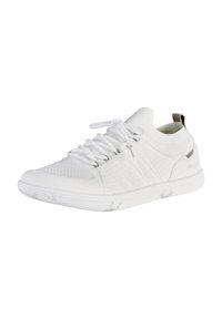 White athletic shoe with a textured knit upper, lace-up front, and grey accent on the heel. Features a cushioned sole and lightweight design.