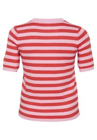Rot- und rosa gestreifter Kurzarmpullover mit Rundhalsausschnitt. Glatte Textur, enganliegendes Design mit Schulternähten und flachem Saum.