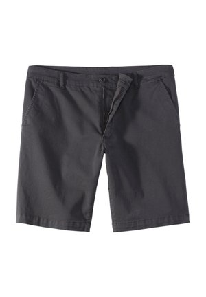 Dunkelgraue Shorts aus einem Baumwollmischgewebe, mit Reißverschluss, Knopfverschluss und Seitentaschen. Sauberes Design ohne Muster.