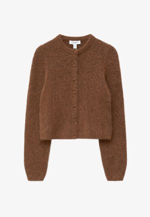 Brown cropped cardigan, made of soft, fluffy material. Features a round neck, long sleeves, and six button closures along the front.