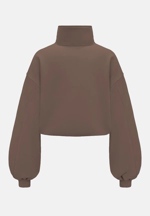 Brązowa krótka bluza z wysokim kołnierzem i długimi bufiastymi rękawami ściąganymi na ściągaczach, pokazana od tyłu na jednolitym tle.