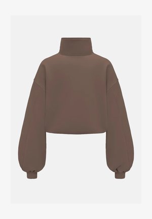 Brązowa krótka bluza z wysokim kołnierzem i długimi bufiastymi rękawami ściąganymi na ściągaczach, pokazana od tyłu na jednolitym tle.