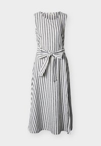 Ριγέ αμάνικο φόρεμα σε ναυτικό μπλε και λευκό λινό με ορισμένη μέση και ζώνη που δένει, διαθέτει στρογγυλή λαιμόκοψη και ροή φούστα.