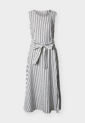 Ριγέ αμάνικο φόρεμα σε ναυτικό μπλε και λευκό λινό με ορισμένη μέση και ζώνη που δένει, διαθέτει στρογγυλή λαιμόκοψη και ροή φούστα.