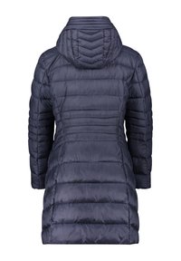 Manteau en duvet bleu marine avec capuche, présentant un motif matelassé, une coupe mi-longue et une texture lisse. La vue arrière montre des détails froncés.