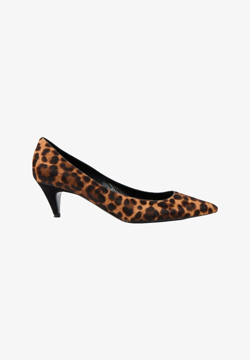 Escarpin pour femme à bout pointu, petit talon kitten et motif léopard marron.