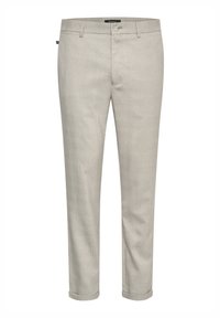 Light grey trousers with a subtle checked pattern, made of woven fabric, featuring a straight cut and rolled cuffs. Button and zipper closure.