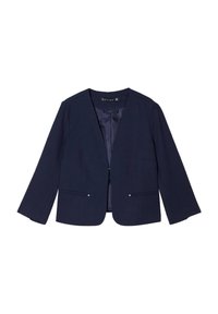Blazer blu navy realizzato in tessuto strutturato, con collo rotondo, apertura frontale e due tasche anteriori con sottili accenti argento.