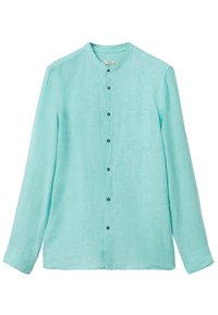 Licht turquoise lange mouwen shirt van linnen, met een ronde kraag, knoopsluiting aan de voorkant en een enkele borstzak.