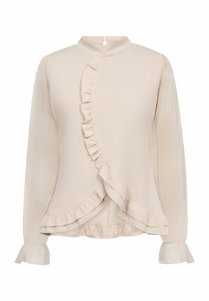 Cremefarbene Bluse mit langen Ärmeln, hohem Kragen, transparenten Ärmeln, geraffter Vorderseite und gerafften Manschetten.
