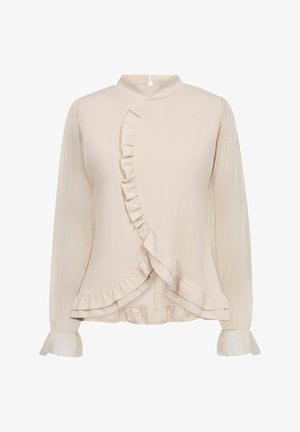 Cremefarbene Bluse mit langen Ärmeln, hohem Kragen, transparenten Ärmeln, geraffter Vorderseite und gerafften Manschetten.