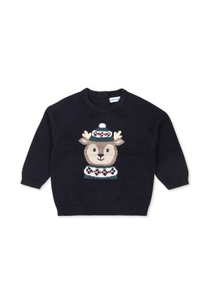 Maglione lavorato a maglia blu navy con un design di renna con un cappello, accentuato da una banda decorata attorno al collo e alla vita. Maniche a raglan.