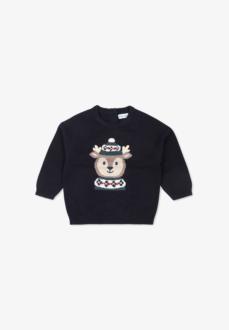 Maglione lavorato a maglia blu navy con un design di renna con un cappello, accentuato da una banda decorata attorno al collo e alla vita. Maniche a raglan.