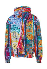 Kapuzensweatshirt mit bunten, detaillierten abstrakten und geometrischen Mustern in Rot, Blau, Gelb, Orange und Grün an Ärmeln und Körper.