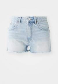 Denim kratke hlače v svetlo modri barvi, z visokim pasom, raztrganim robom, sprednjimi in zadnjimi žepi ter gumbom v bakreni barvi.