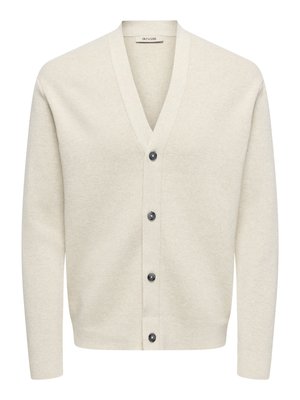 Cardigan beige chiaro in tessuto morbido, con scollo a V, maniche lunghe e sei bottoni scuri sul davanti. Tessuto liscio.