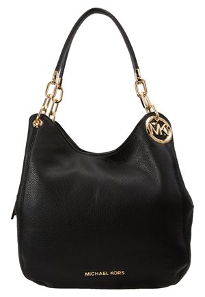 Black leather hobo bag with gold-tone chain hardware, MK logo accent, and embossed brand name at the base. Features a soft, textured surface.
