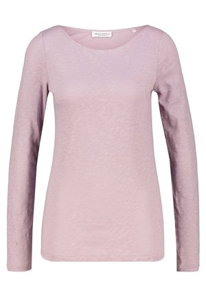 Lichtroze longsleeve met ronde hals, slim fit en subtiele textuur, plat liggend met voorkant naar voren.