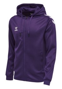 Felpa con zip viola realizzata in tessuto liscio, dotata di cappuccio, tasche frontali e logo bianco del marchio con accenti sulle spalle.