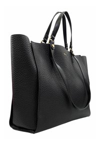 Borsa a tracolla nera in pelle con finitura testurizzata, robuste maniglie doppie e dettagli in oro, caratterizzata da un design spazioso e apertura superiore.