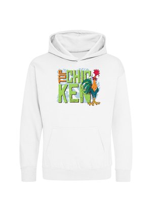 Felpa bianca con cappuccio con un gallo cartone animato colorato e il testo "Top Chicken" in grandi lettere verdi e arancioni davanti.