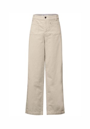 Pantalons larges beige en mélange de coton, dotés de deux poches avant, d'une fermeture à bouton et d'une finition soignée à l'ourlet.