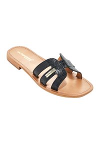 Black slide sandal featuring a textured upper with two wide straps, a woven accent, and a natural leather footbed. Flat sole design.