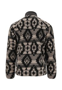 Fleecejacke in neutralen Farbtönen mit schwarzen und grauen geometrischen Mustern. Verfügt über einen hohen Kragen und lange Ärmel für Wärme.