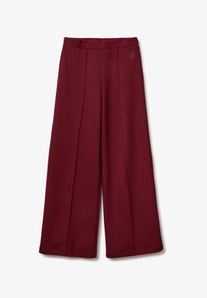 Pantalones burdeos de pierna ancha con pliegues frontales y una cintura elástica.