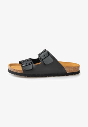 Schwarze Leder-Sandalen mit zwei verstellbaren Schnallen, Korkfußbett und strukturiertem Gummisohle. Mit offenem Zehendesign.