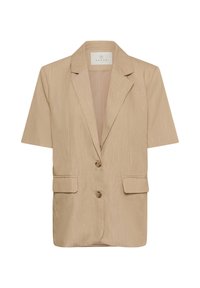 Blazer beige à manches courtes avec deux boutons, col à revers cranté et poches avant à rabat, étiquette de marque Kaffe à l'intérieur du col.