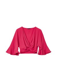 Top corto rosa con design frontale a spirale, dotato di ampie maniche svasate e di un tessuto morbido e testurizzato.
