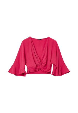 Top corto rosa con design frontale a spirale, dotato di ampie maniche svasate e di un tessuto morbido e testurizzato.
