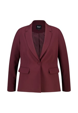 Damesblazer met lange mouwen en één knoop, in donker bordeauxrood, met inkeping revers en twee klepzakken aan de voorkant, ongeknoopt.