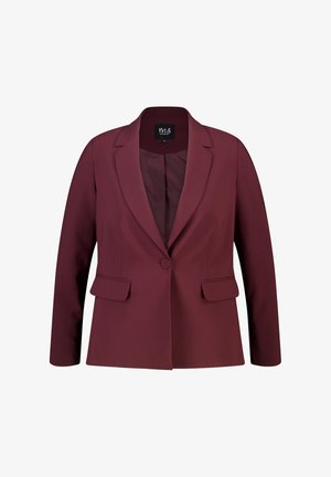 Damesblazer met lange mouwen en één knoop, in donker bordeauxrood, met inkeping revers en twee klepzakken aan de voorkant, ongeknoopt.